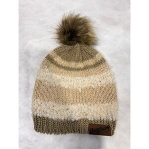 Idyllwind Cozytown USA‎ Striped Knit Beanie Hat with Faux Fur Pom Neutral  Cream